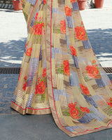 Vishal Prints Sand Grey And Orange Printed Chiffon Saree