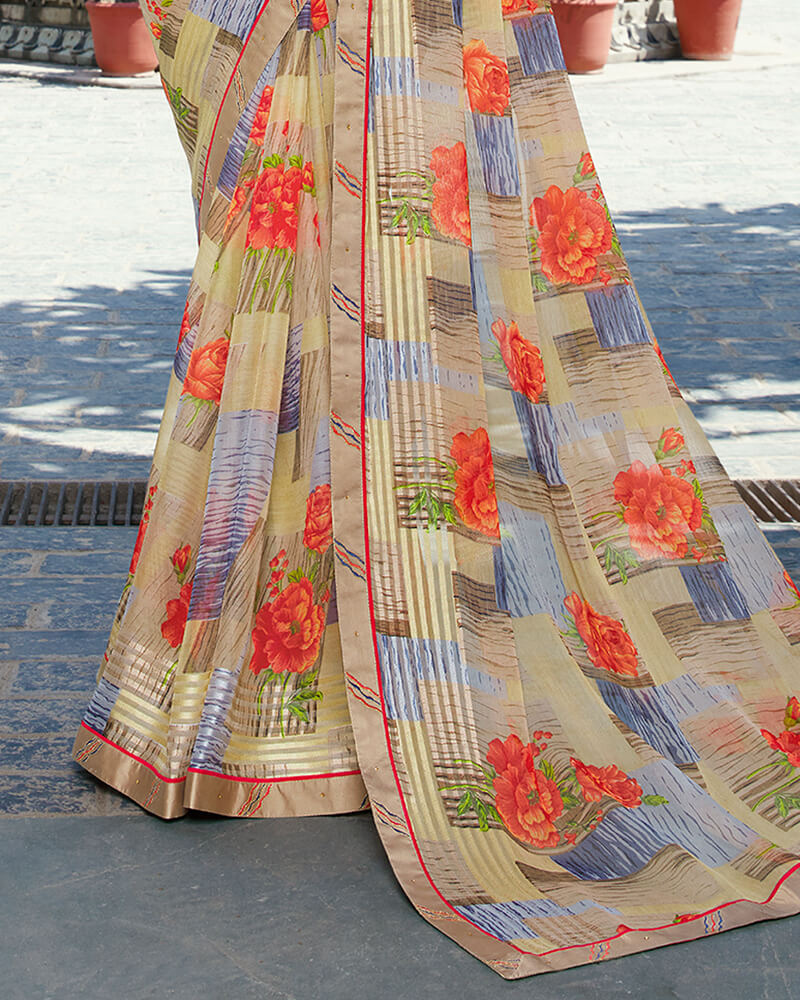 Vishal Prints Sand Grey And Orange Printed Chiffon Saree