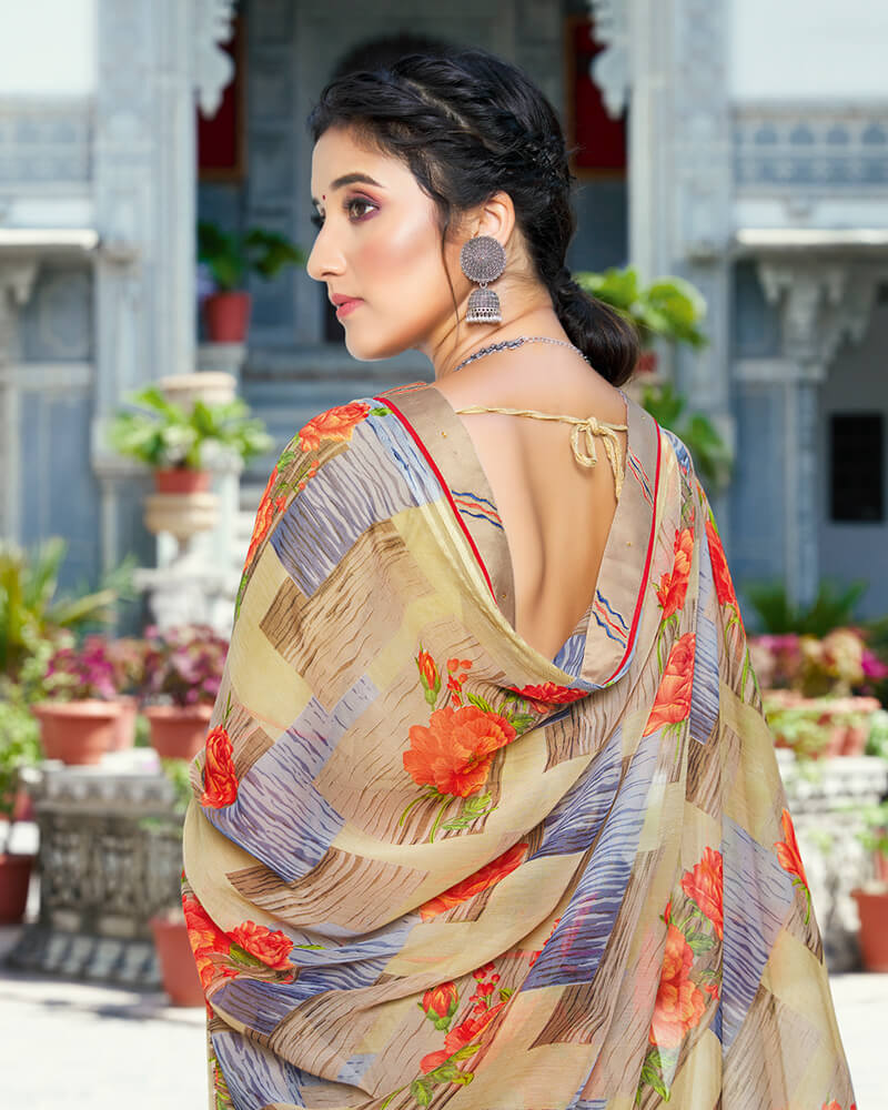 Vishal Prints Sand Grey And Orange Printed Chiffon Saree