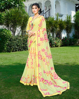Vishal Prints Light Yellow And Rani Printed Chiffon Saree