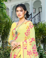 Vishal Prints Light Yellow And Rani Printed Chiffon Saree