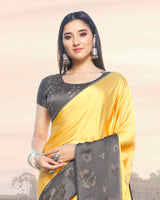 Vishal Prints Light Yellow And Grey Satin Saree With Stone Work