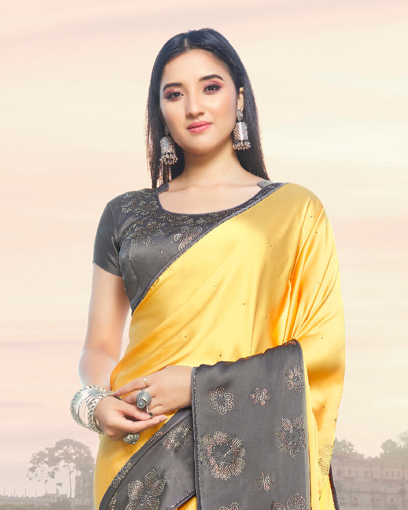 Vishal Prints Light Yellow And Grey Satin Saree With Stone Work