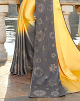 Vishal Prints Light Yellow And Grey Satin Saree With Stone Work