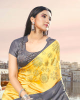 Vishal Prints Light Yellow And Grey Satin Saree With Stone Work