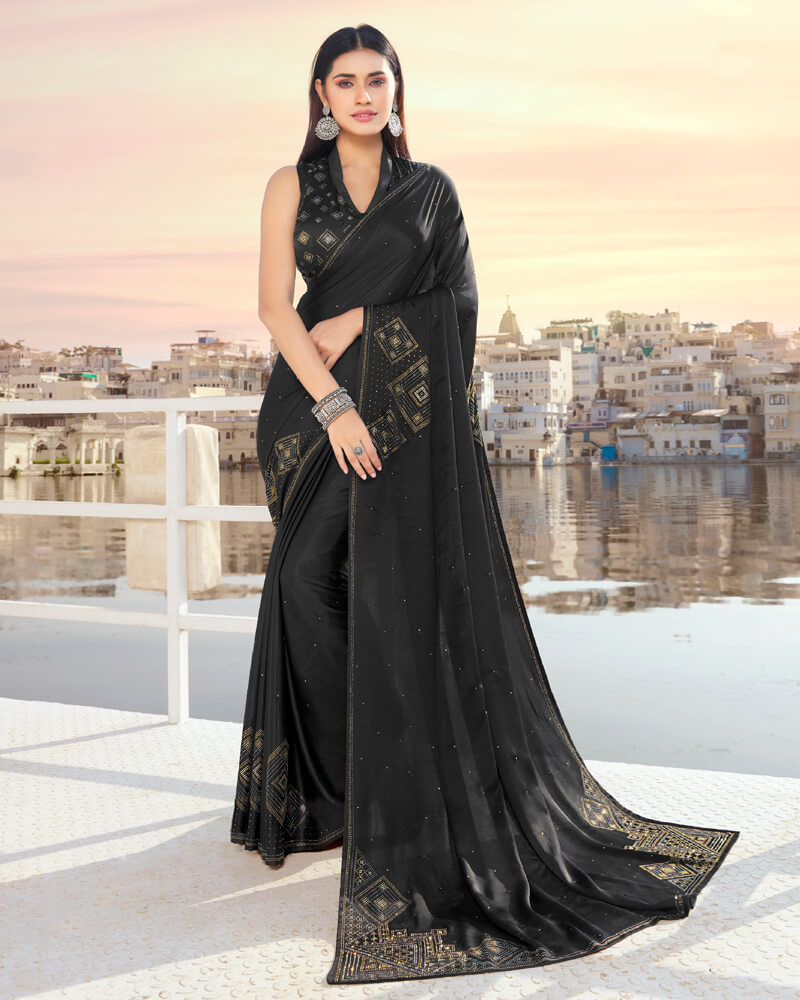 Vishal Prints Black Satin Saree With Stone Work