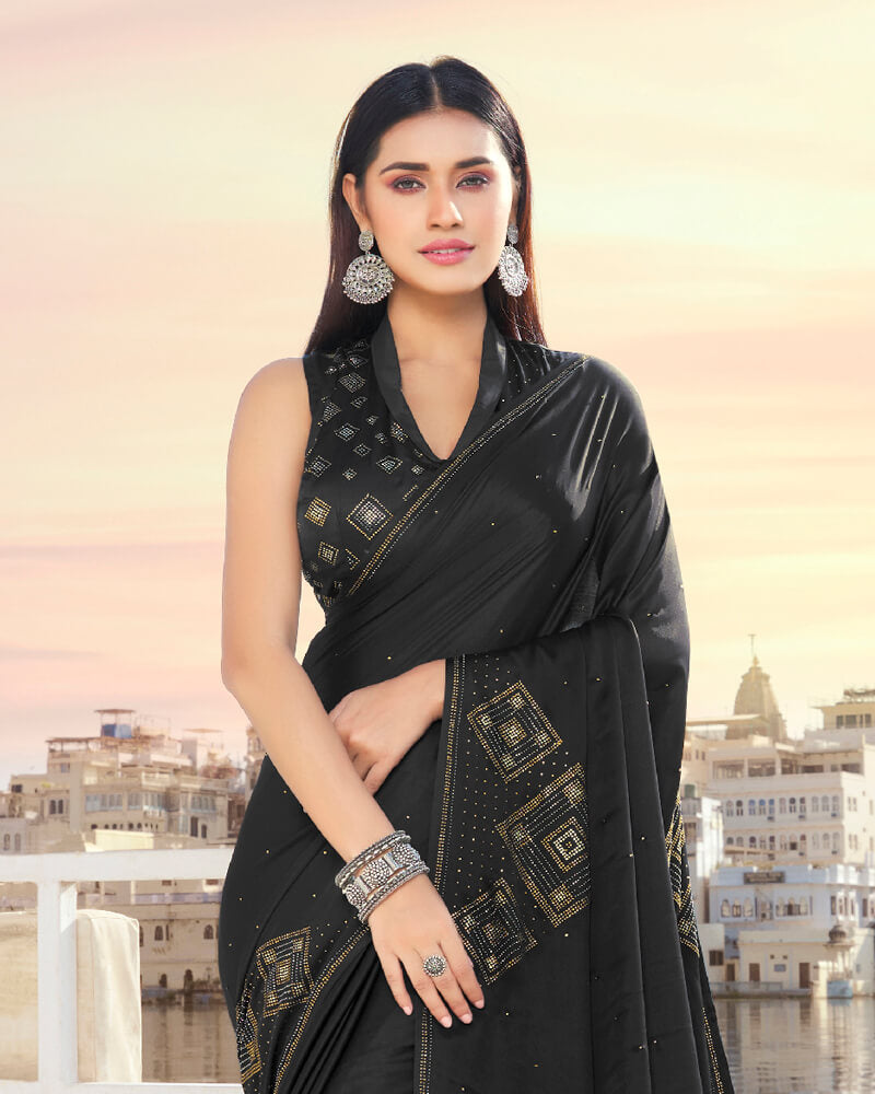 Vishal Prints Black Satin Saree With Stone Work