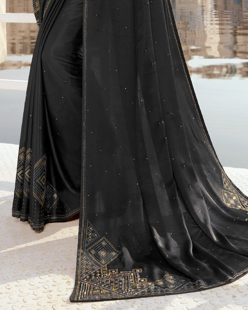 Vishal Prints Black Satin Saree With Stone Work