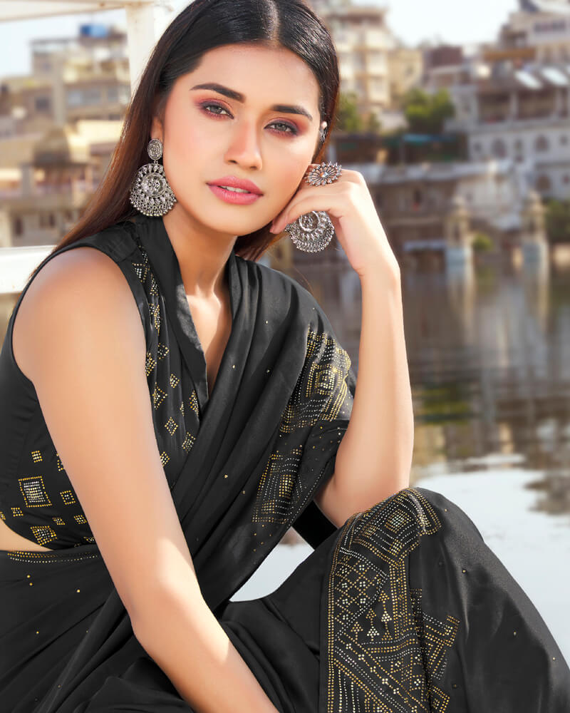 Vishal Prints Black Satin Saree With Stone Work