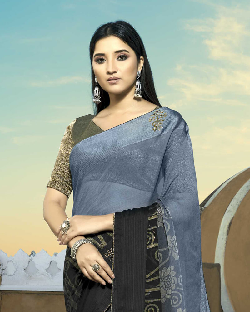 Vishal Prints Cool Grey Brasso Saree With Foil Print And Stone Work