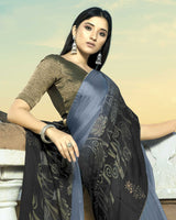 Vishal Prints Cool Grey Brasso Saree With Foil Print And Stone Work