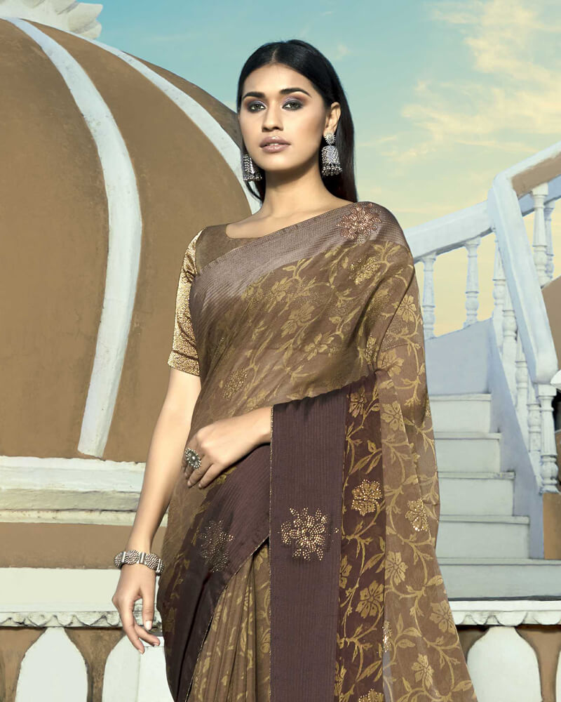 Vishal Prints Coffee Brown Brasso Saree With Foil Print And Stone Work