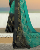 Vishal Prints Aqua Green Brasso Saree With Foil Print And Stone Work