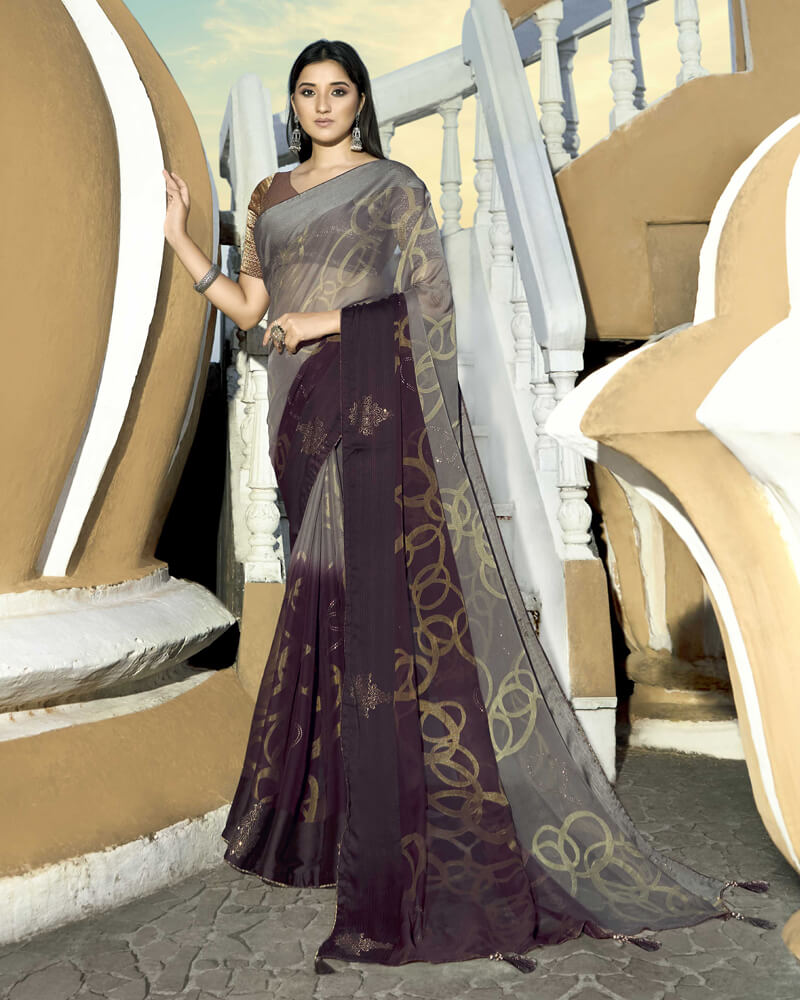 Vishal Prints Grey Brasso Saree With Foil Print And Stone Work