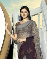 Vishal Prints Grey Brasso Saree With Foil Print And Stone Work