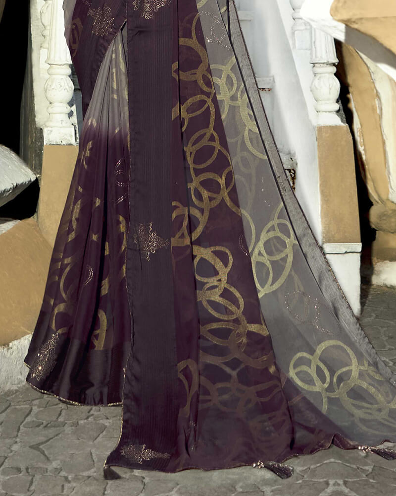 Vishal Prints Grey Brasso Saree With Foil Print And Stone Work