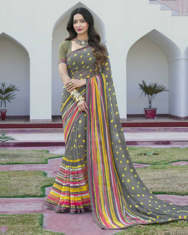 Vishal Prints Grey Printed Georgette Saree With Border