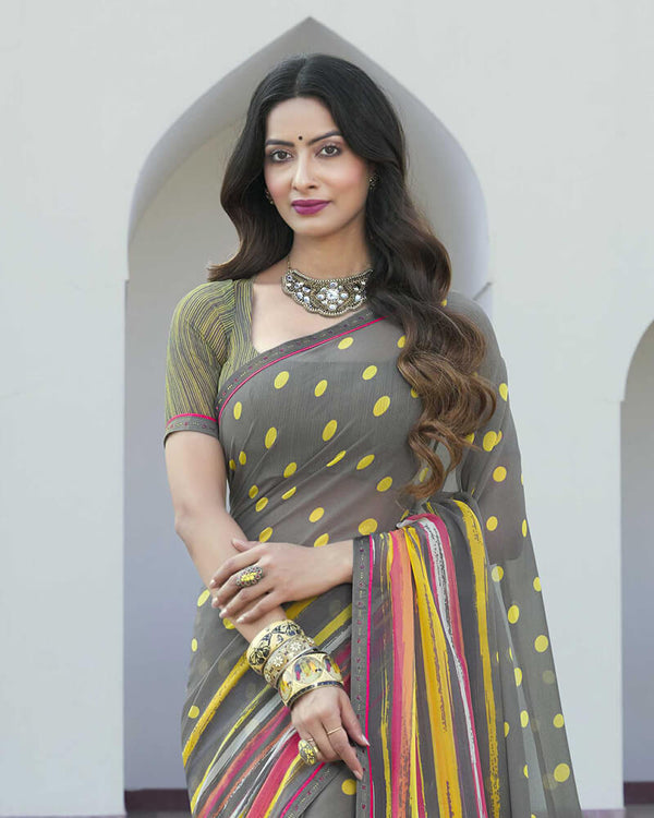 Vishal Prints Grey Printed Georgette Saree With Border