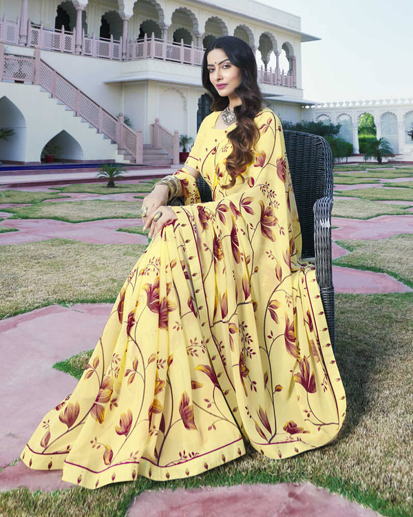 Vishal Prints Light Yellow Printed Georgette Saree With Border
