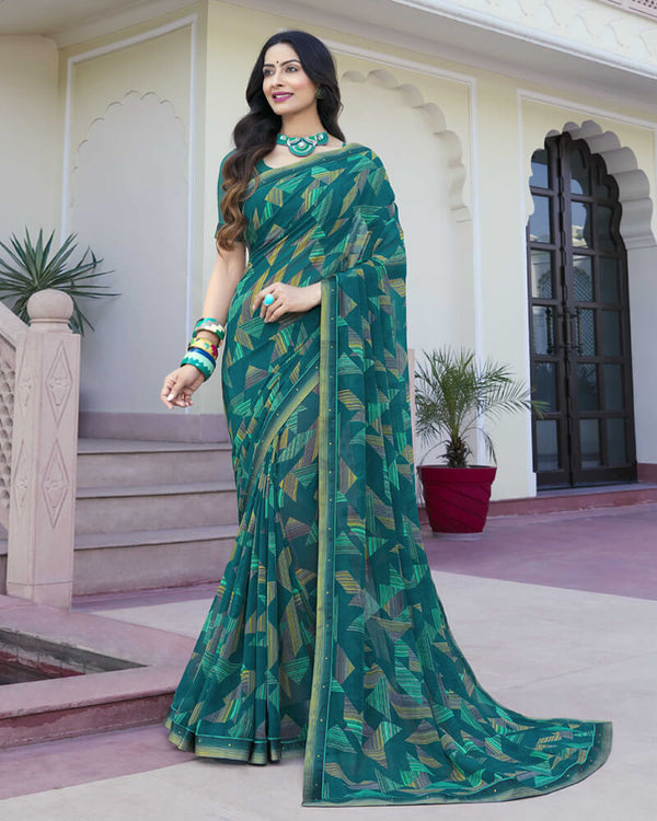 Vishal Prints Dark Teal Blue Printed Georgette Saree With Border