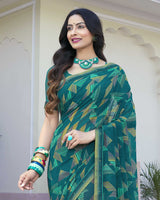 Vishal Prints Dark Teal Blue Printed Georgette Saree With Border