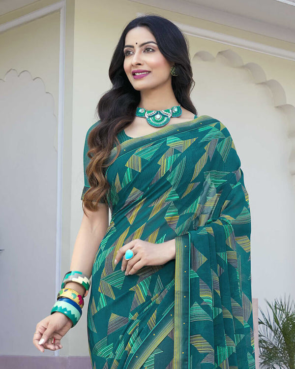 Vishal Prints Dark Teal Blue Printed Georgette Saree With Border