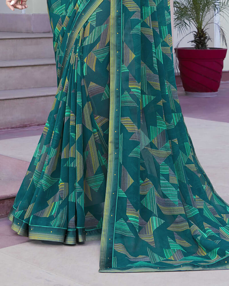 Vishal Prints Dark Teal Blue Printed Georgette Saree With Border