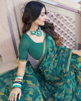 Vishal Prints Dark Teal Blue Printed Georgette Saree With Border