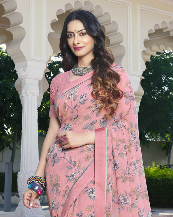 Vishal Prints Dusty Pink Printed Georgette Saree With Border