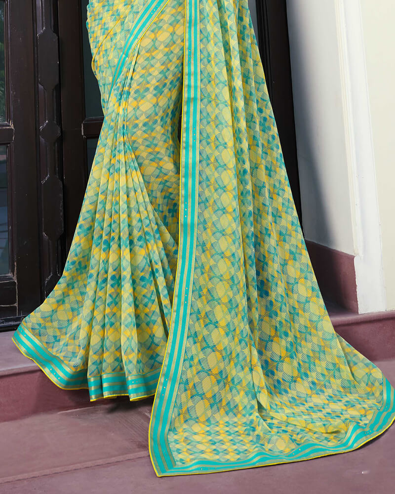 Vishal Prints Aqua Green Printed Georgette Saree With Border