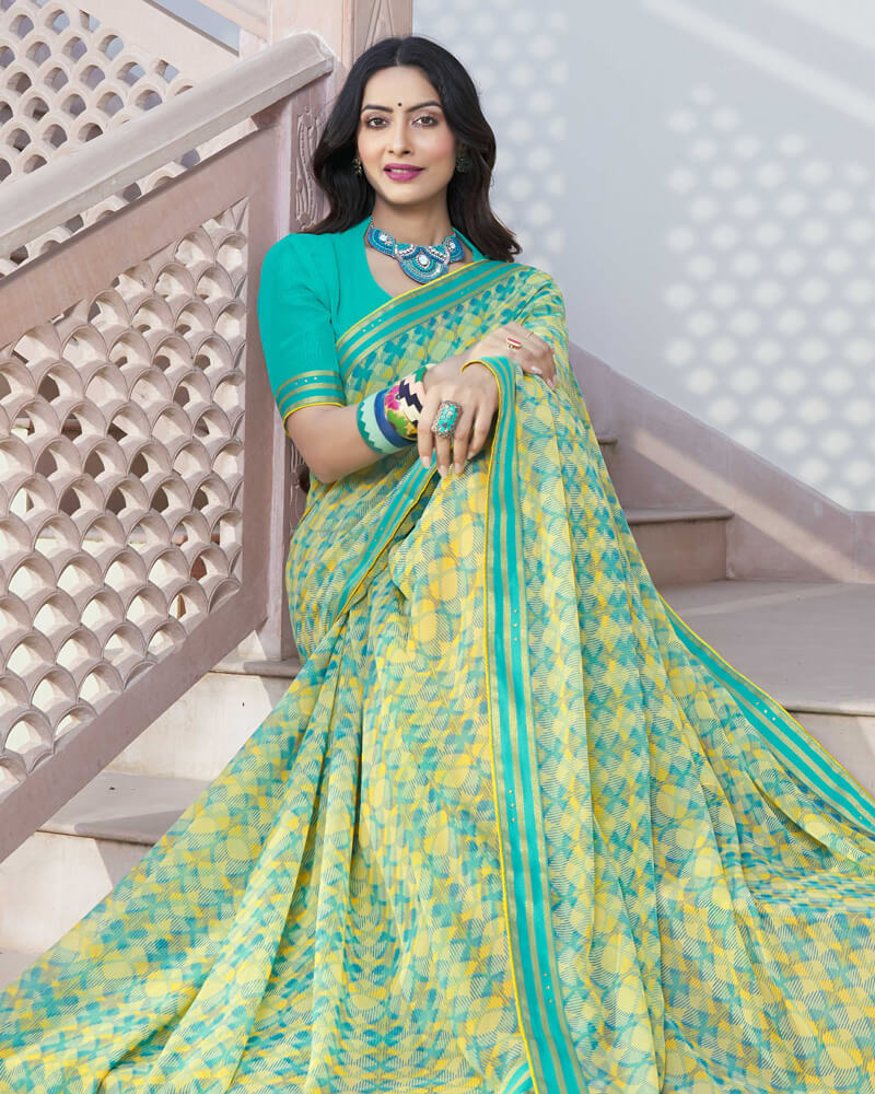 Vishal Prints Aqua Green Printed Georgette Saree With Border
