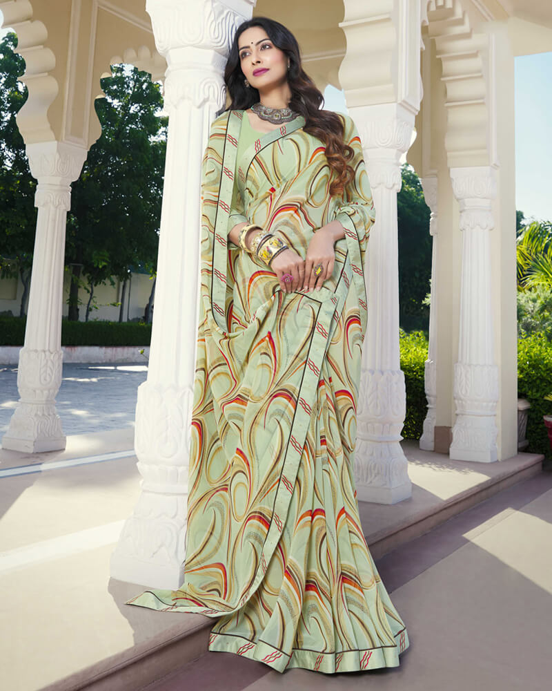Vishal Prints Pastel Green Printed Georgette Saree With Border