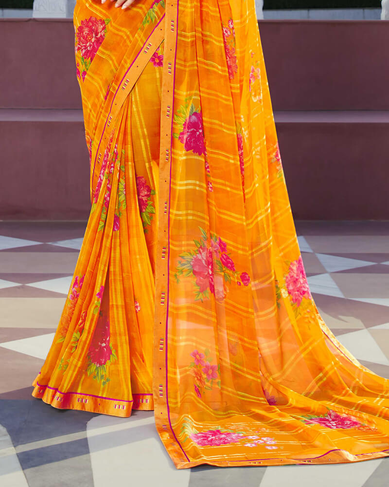 Vishal Prints Yellowish Orange Printed Georgette Saree With Border