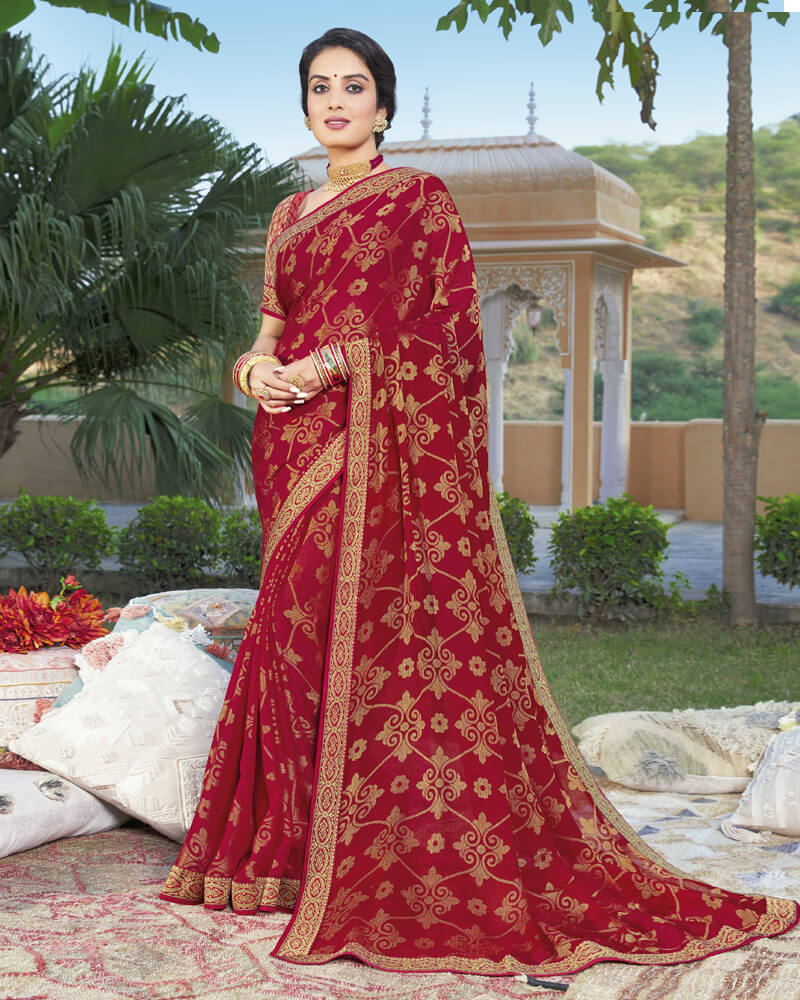 Vishal Prints Dark Red Brasso Saree With Foil Print And Zari Border