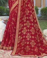 Vishal Prints Dark Red Brasso Saree With Foil Print And Zari Border