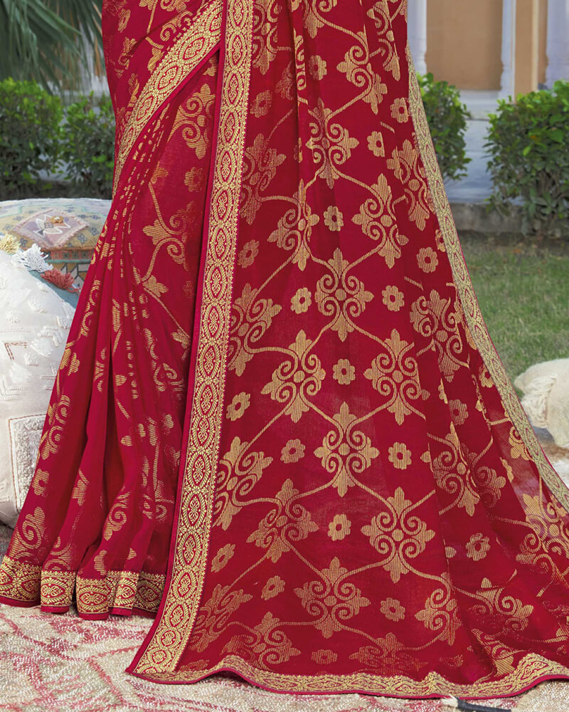 Vishal Prints Dark Red Brasso Saree With Foil Print And Zari Border