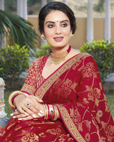 Vishal Prints Dark Red Brasso Saree With Foil Print And Zari Border
