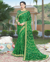 Vishal Prints Parrot Green Brasso Saree With Foil Print And Zari Border