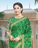 Vishal Prints Parrot Green Brasso Saree With Foil Print And Zari Border