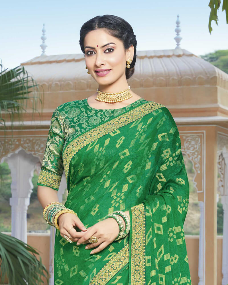Vishal Prints Parrot Green Brasso Saree With Foil Print And Zari Border