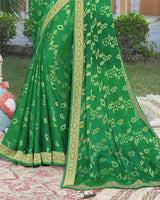 Vishal Prints Parrot Green Brasso Saree With Foil Print And Zari Border