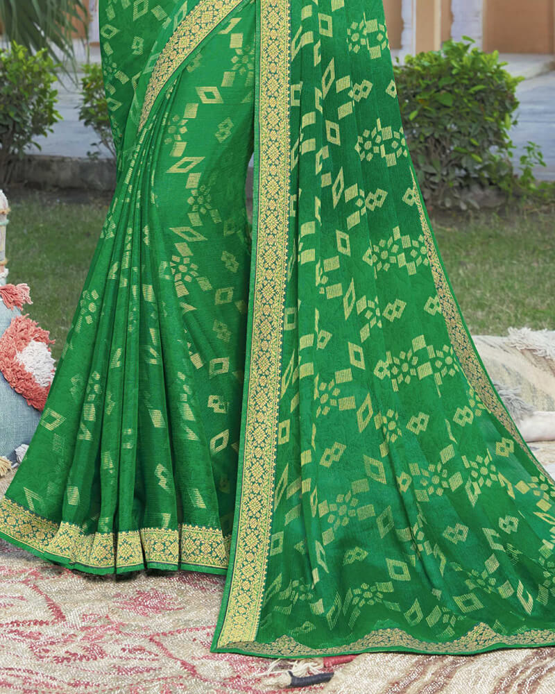 Vishal Prints Parrot Green Brasso Saree With Foil Print And Zari Border