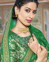 Vishal Prints Parrot Green Brasso Saree With Foil Print And Zari Border