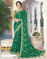 Vishal Prints Dark Sea Green Brasso Saree With Foil Print And Zari Border
