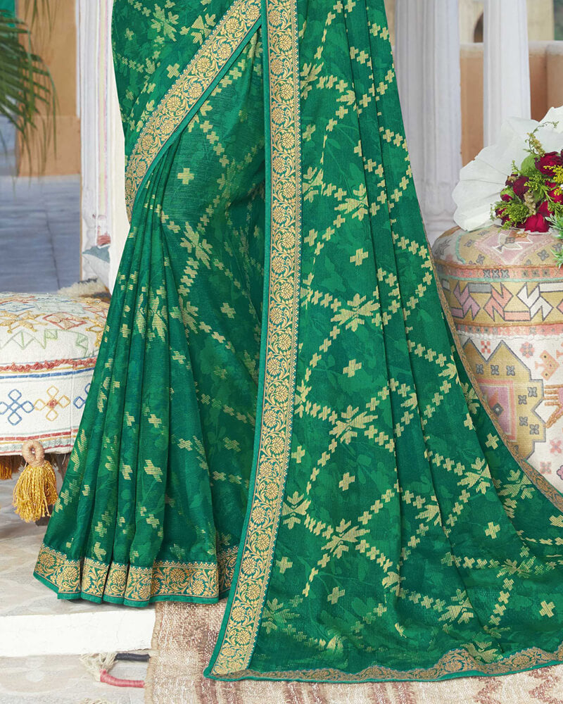 Vishal Prints Dark Sea Green Brasso Saree With Foil Print And Zari Border