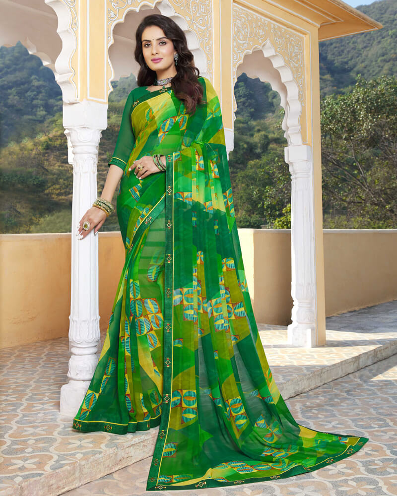 Vishal Prints Dark Green Printed Georgette Saree With Fancy Lace Border