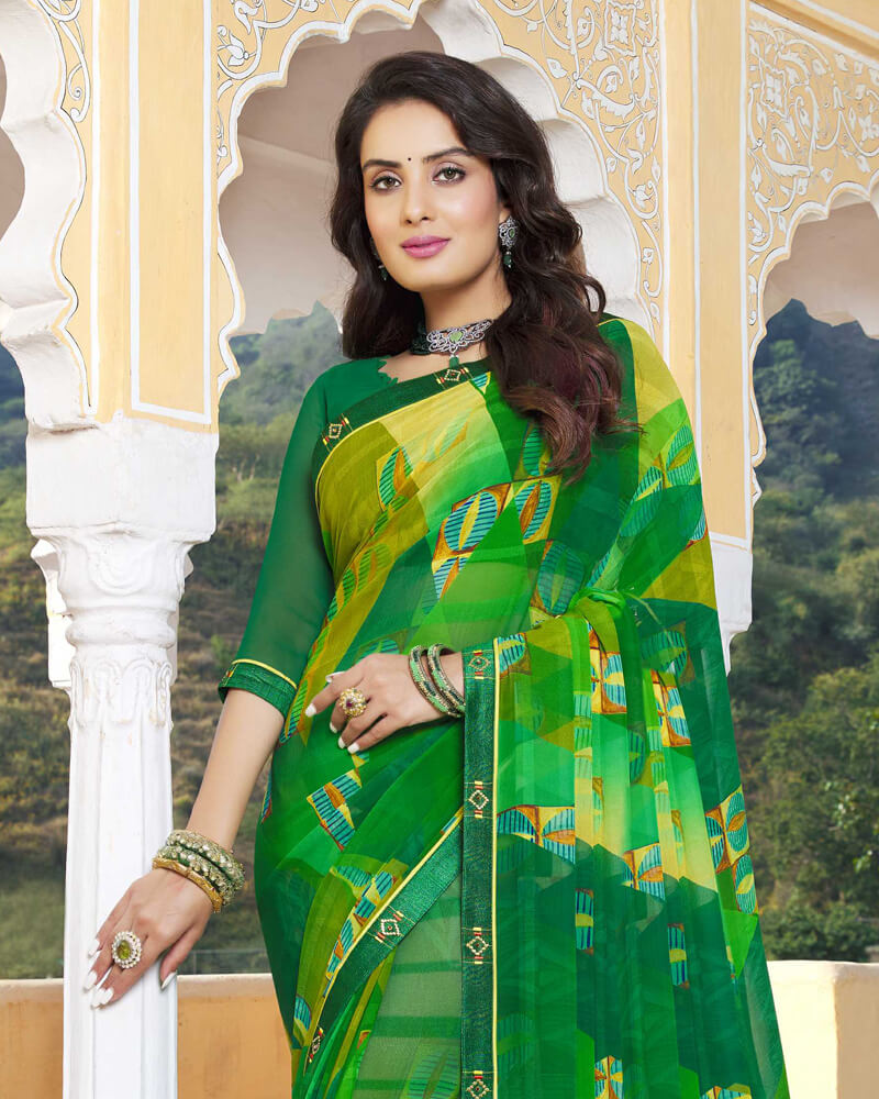 Vishal Prints Dark Green Printed Georgette Saree With Fancy Lace Border
