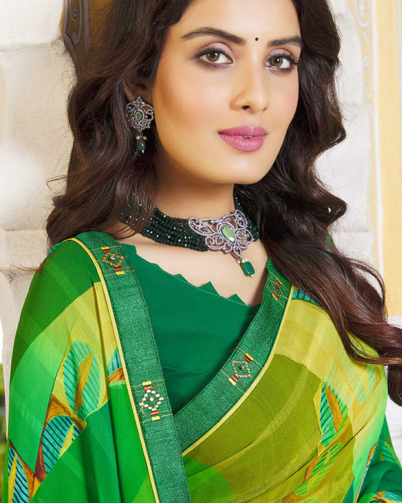 Vishal Prints Dark Green Printed Georgette Saree With Fancy Lace Border