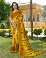 Vishal Prints Dark Mustard Printed Georgette Saree With Fancy Lace Border