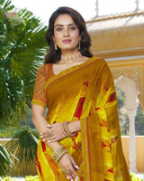 Vishal Prints Dark Mustard Printed Georgette Saree With Fancy Lace Border